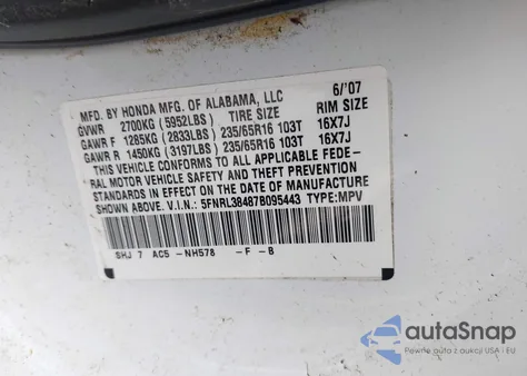 2007 Honda Odyssey Ex z USA, uszkodzony, nr VIN 5FNRL38487B095443